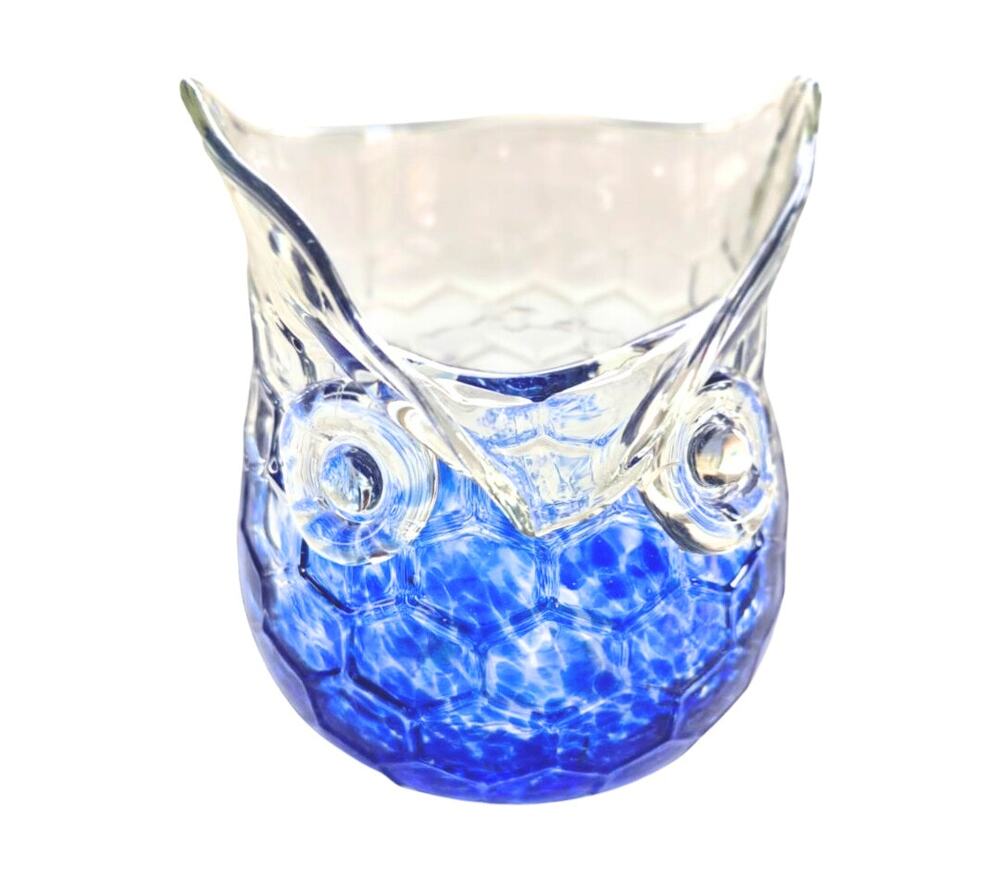 Vintage Blown Glass Owl Cobalt Blue Splatter Jar Vase Candle Holder Boho Cottage